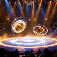 Acrobatas desafían la gravedad en el circo de la luz Madrid, girando en aros luminosos bajo un espectáculo de luces y confeti.