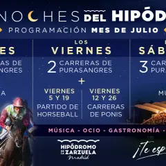 Cartel de la carrera nocturna Madrid: noches de julio en el Hipódromo de la Zarzuela con carreras, música y más. ¡Te esperamos!