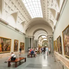 Gente disfruta del arte en un museo, celebrando el **18 de mayo, Día de los Museos**.