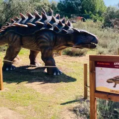 Un Ankylosaurus a escala real en una exposición de dinosaurios en Madrid. El cartel informativo detalla su época, el Cretácico.