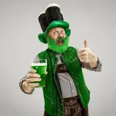Hombre con barba verde y sombrero de duende, sosteniendo una cerveza verde y dando pulgar arriba. ¡Listo para el desfile de San Patricio!