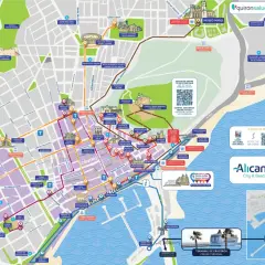 Mapa de Alicante con rutas turísticas, ideal para saber qué ver en Alicante en un día, destacando el Castillo de Santa Bárbara y el Museo Arqueológico.