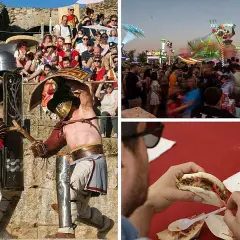 Recreación de gladiadores en Leganés, feria con atracciones y gente, y alguien comiendo tacos.