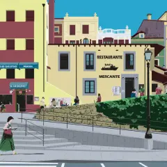 Una mujer camina por la cuesta del cholo, con restaurantes y gente disfrutando en un día soleado.