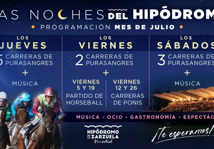 Cartel de la carrera nocturna Madrid: noches de julio en el Hipódromo de la Zarzuela con carreras, música y más. ¡Te esperamos!