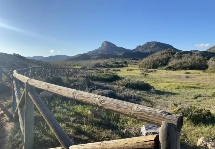 Un sendero de madera bordea un paisaje verde y montañoso, con el imponente monte de las cenizas al fondo bajo un cielo azul.