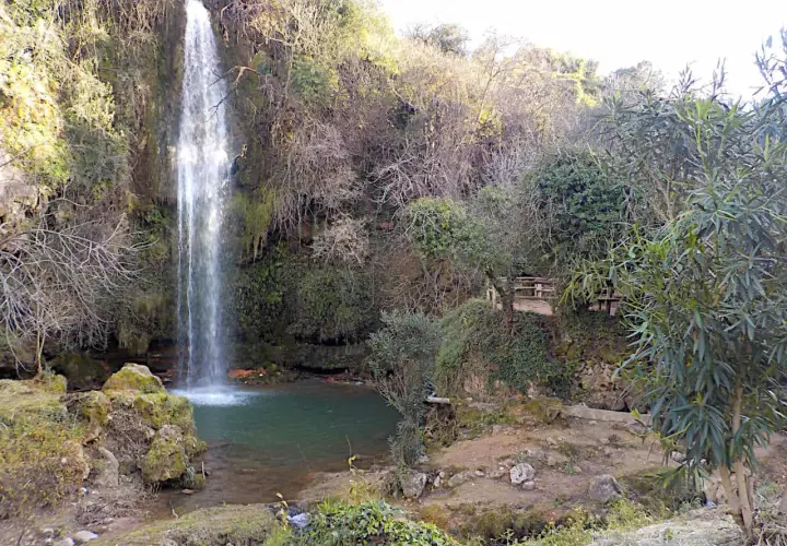 Los chorradores de Navarres, una cascada cae en una poza de agua verde rodeada de vegetación y rocas.