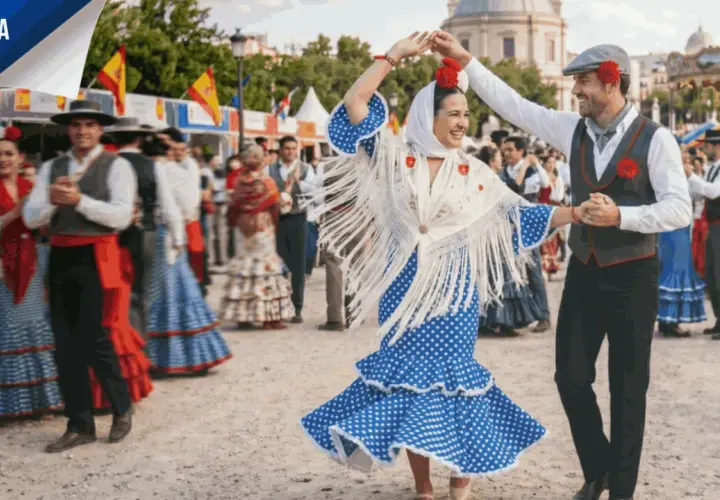 Pareja bailando flamenco en las fiestas de Alcobendas. Ella, con vestido de lunares y mantón de flecos; él, con chaleco y gorra.