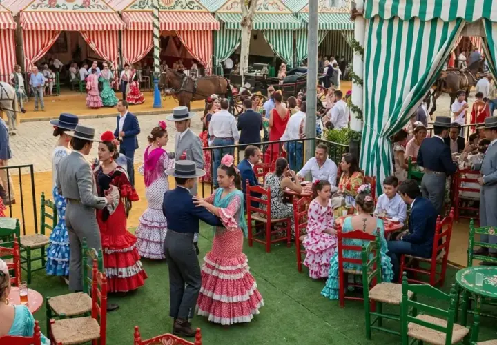 Gente vestida de flamenca baila y socializa en una feria, evocando la esencia de la feria de Sevilla en Madrid.