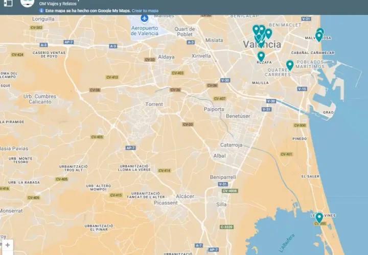 Mapa de Valencia con puntos de interés, ideal para planificar qué ver en Valencia andando. Muestra el centro de la ciudad, el aeropuerto, la playa y la Albufera.