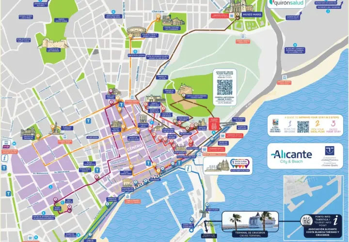 Mapa de Alicante con rutas turísticas, ideal para saber qué ver en Alicante en un día, destacando el Castillo de Santa Bárbara y el Museo Arqueológico.
