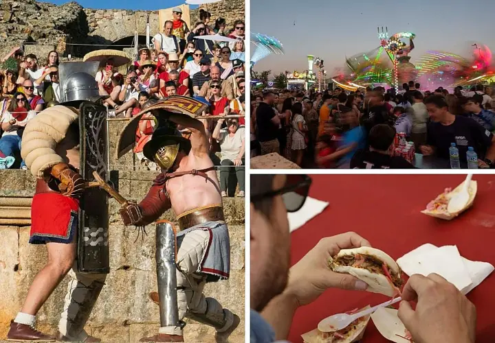 Recreación de gladiadores en Leganés, feria con atracciones y gente, y alguien comiendo tacos.