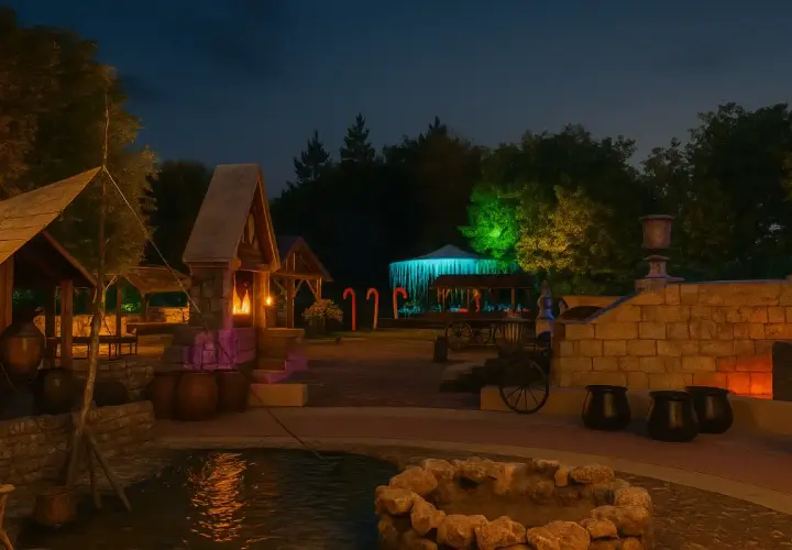 Un lugar mágico donde las luces iluminan el camino hacia el manantial de los sueños. Cabañas rústicas, un estanque y decoraciones festivas crean un ambiente encantador.
