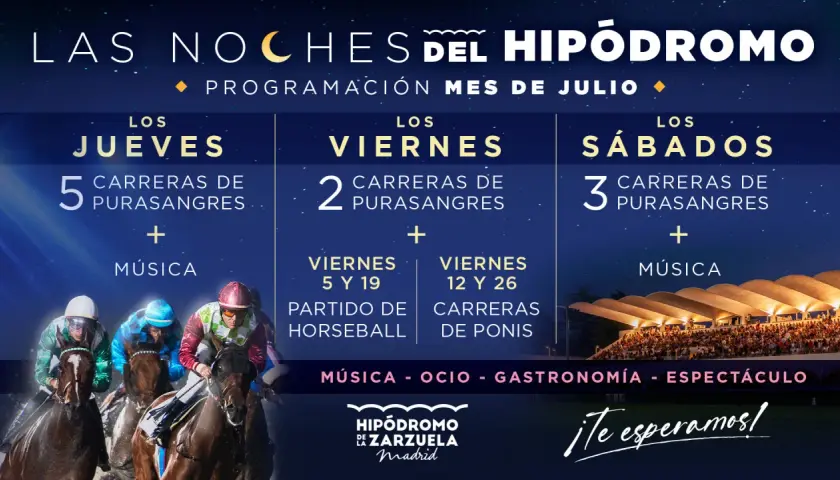 Cartel de la carrera nocturna Madrid: noches de julio en el Hipódromo de la Zarzuela con carreras, música y más. ¡Te esperamos!