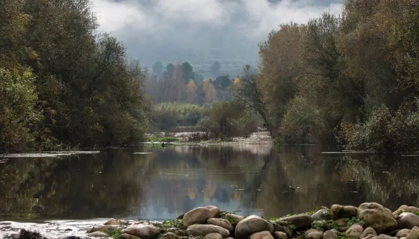 Un tranquilo río refleja árboles otoñales y niebla en la **vía verde del Serpis**. Rocas cubiertas de musgo bordean la orilla.