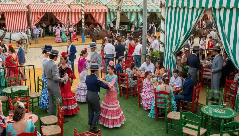 Gente vestida de flamenca baila y socializa en una feria, evocando la esencia de la feria de Sevilla en Madrid.