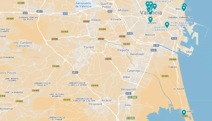 Mapa de Valencia con puntos de interés, ideal para planificar qué ver en Valencia andando. Muestra el centro de la ciudad, el aeropuerto, la playa y la Albufera.