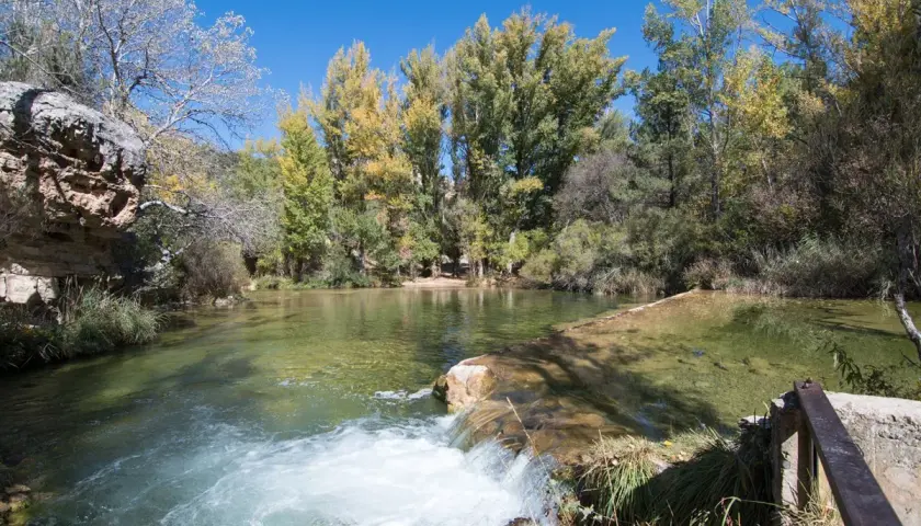 Un río de aguas cristalinas con un pequeño salto de agua. Al fondo, árboles con hojas otoñales y un cielo azul. ¡Un lugar con **alto tajo que ver**!