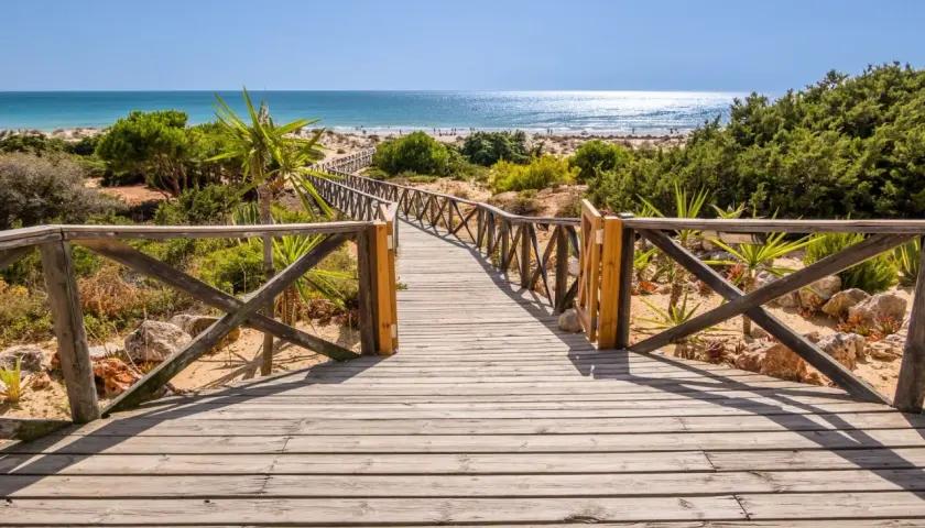 Pasarela de madera hacia la playa en Sancti Petri. El paseo marítimo se abre a un mar azul brillante y arena dorada.