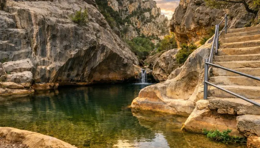 Un remanso de paz entre rocas, con una cascada y escaleras que invitan a explorar los **ríos en Tarragona**.