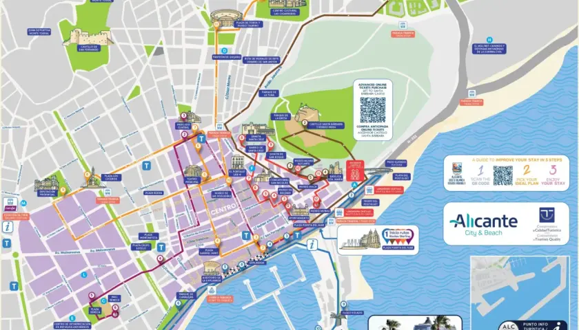 Mapa de Alicante con rutas turísticas, ideal para saber qué ver en Alicante en un día, destacando el Castillo de Santa Bárbara y el Museo Arqueológico.