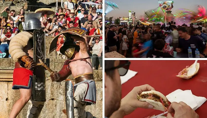 Recreación de gladiadores en Leganés, feria con atracciones y gente, y alguien comiendo tacos.