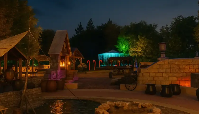 Un lugar mágico donde las luces iluminan el camino hacia el manantial de los sueños. Cabañas rústicas, un estanque y decoraciones festivas crean un ambiente encantador.