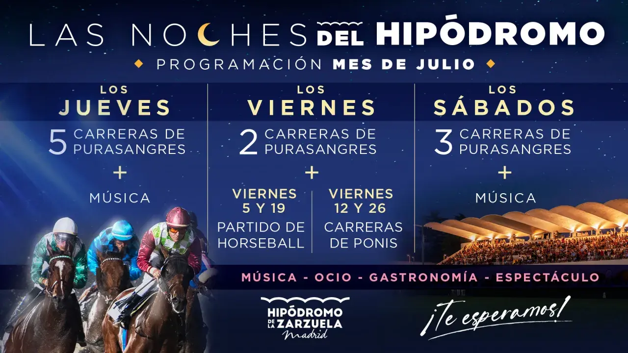 Cartel de la carrera nocturna Madrid: noches de julio en el Hipódromo de la Zarzuela con carreras, música y más. ¡Te esperamos!