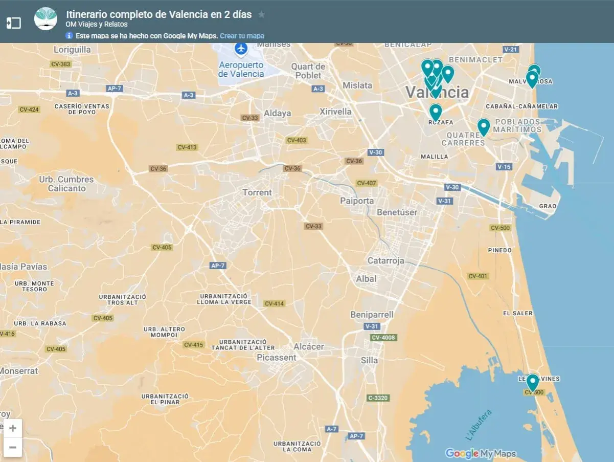 Mapa de Valencia con puntos de interés, ideal para planificar qué ver en Valencia andando. Muestra el centro de la ciudad, el aeropuerto, la playa y la Albufera.