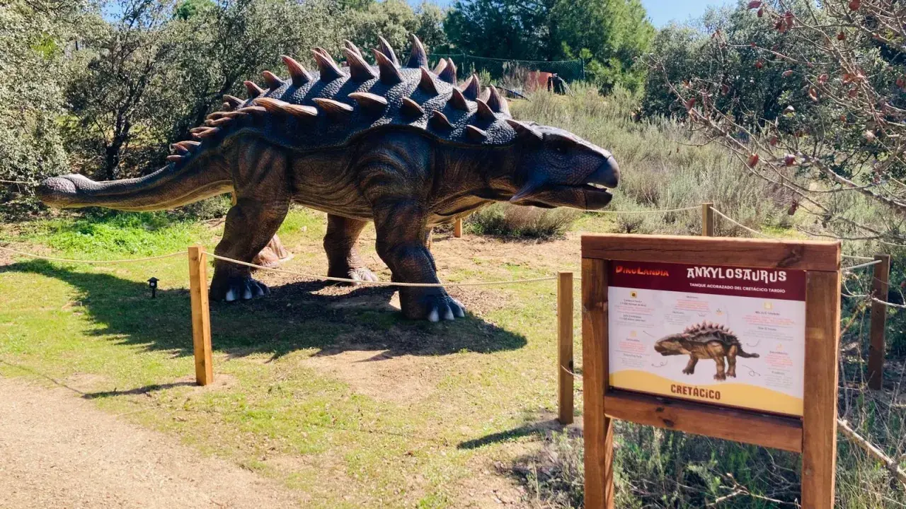 Un Ankylosaurus a escala real en una exposición de dinosaurios en Madrid. El cartel informativo detalla su época, el Cretácico.
