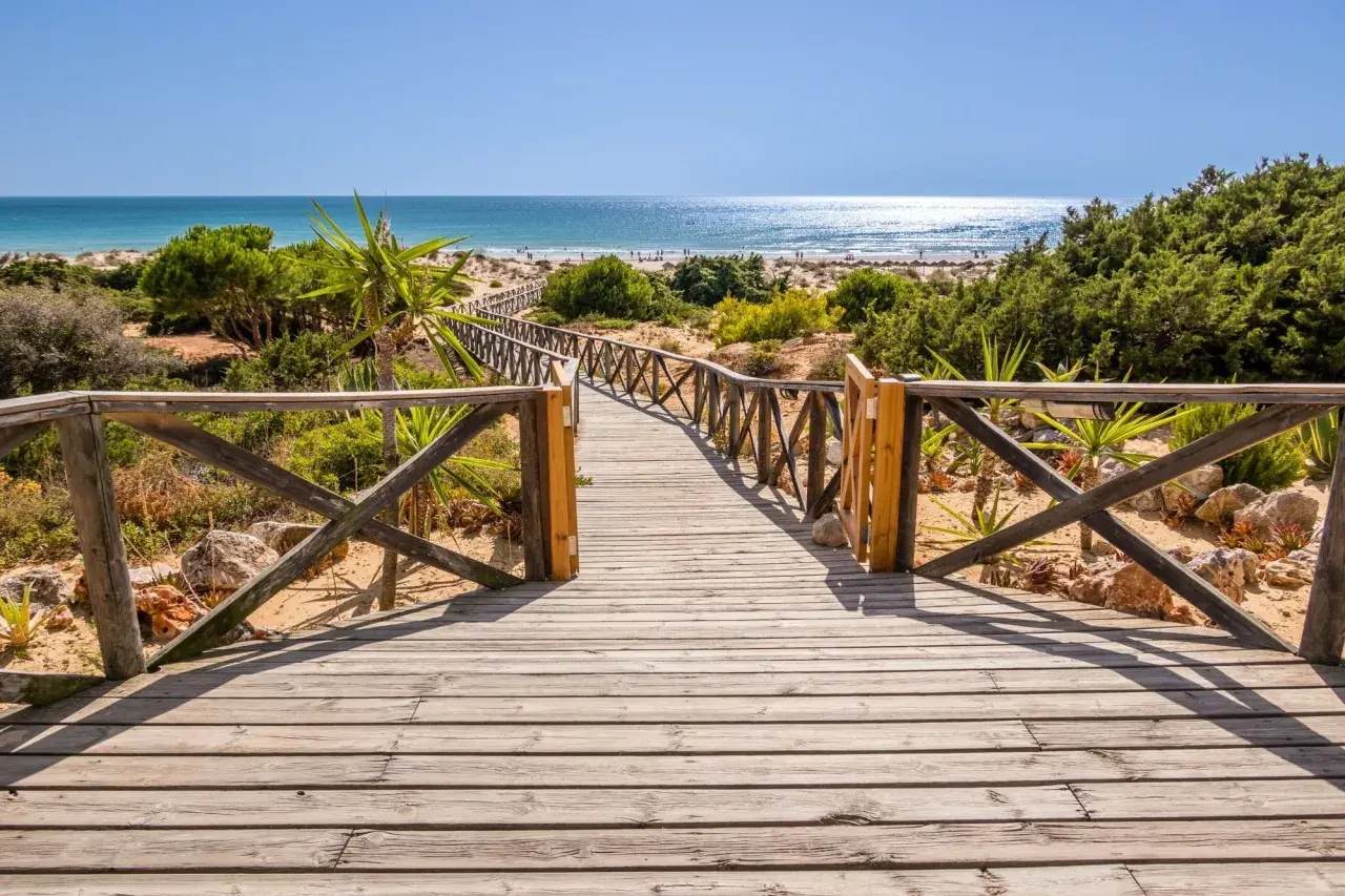 Pasarela de madera hacia la playa en Sancti Petri. El paseo marítimo se abre a un mar azul brillante y arena dorada.