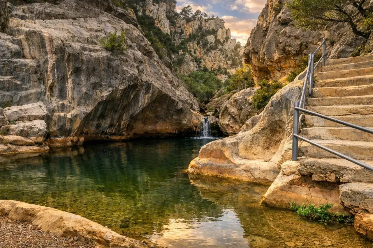 Un remanso de paz entre rocas, con una cascada y escaleras que invitan a explorar los **ríos en Tarragona**.