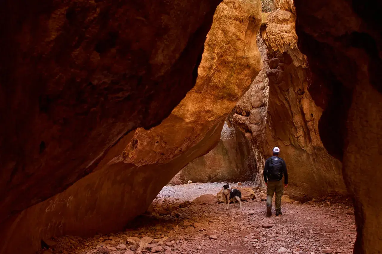Un hombre y dos perros exploran el estrecho de la Arboleja, un cañón de roca rojiza con formaciones impresionantes.