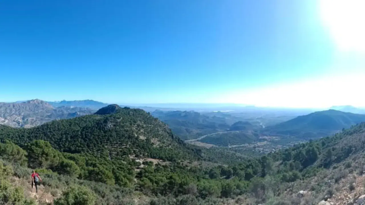 Un excursionista disfruta de la vista panorámica desde el balcon de Alicante, un paisaje montañoso cubierto de pinos bajo un cielo azul intenso.