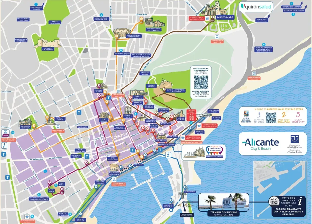 Mapa de Alicante con rutas turísticas, ideal para saber qué ver en Alicante en un día, destacando el Castillo de Santa Bárbara y el Museo Arqueológico.
