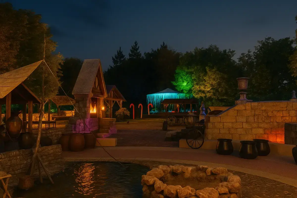 Un lugar mágico donde las luces iluminan el camino hacia el manantial de los sueños. Cabañas rústicas, un estanque y decoraciones festivas crean un ambiente encantador.