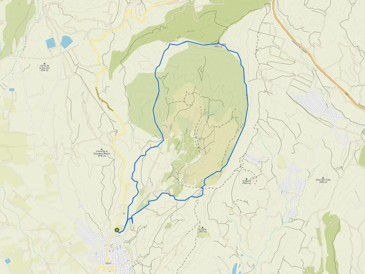 Mapa de senderismo con ruta circular azul desde Agost, pasando por la Lloma de la Cervera y el pico de Sant Miquel. Ideal para saber agost como llegar.