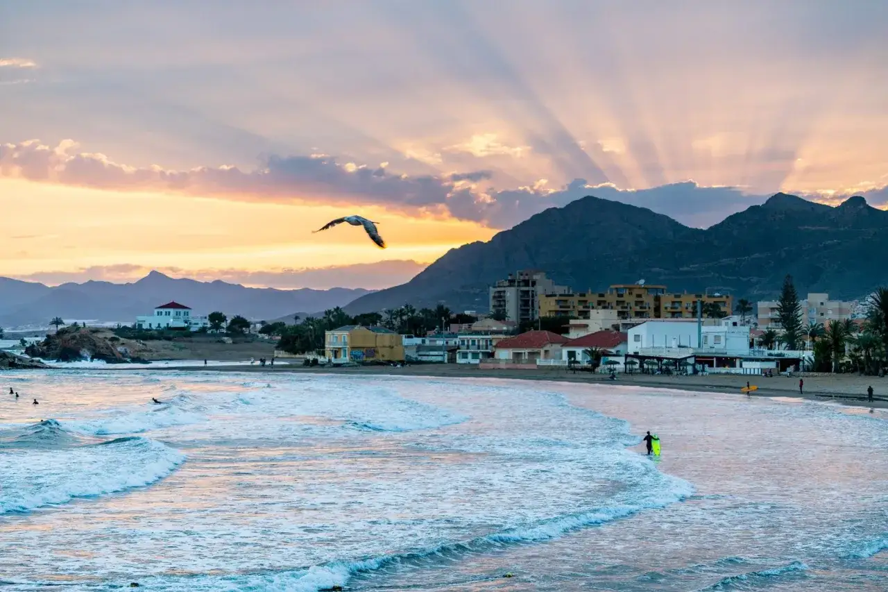 Atardecer en las playas de Mazarr&oacute;n. Un ave surca el cielo mientras las olas acarician la costa y los surfistas disfrutan del mar.