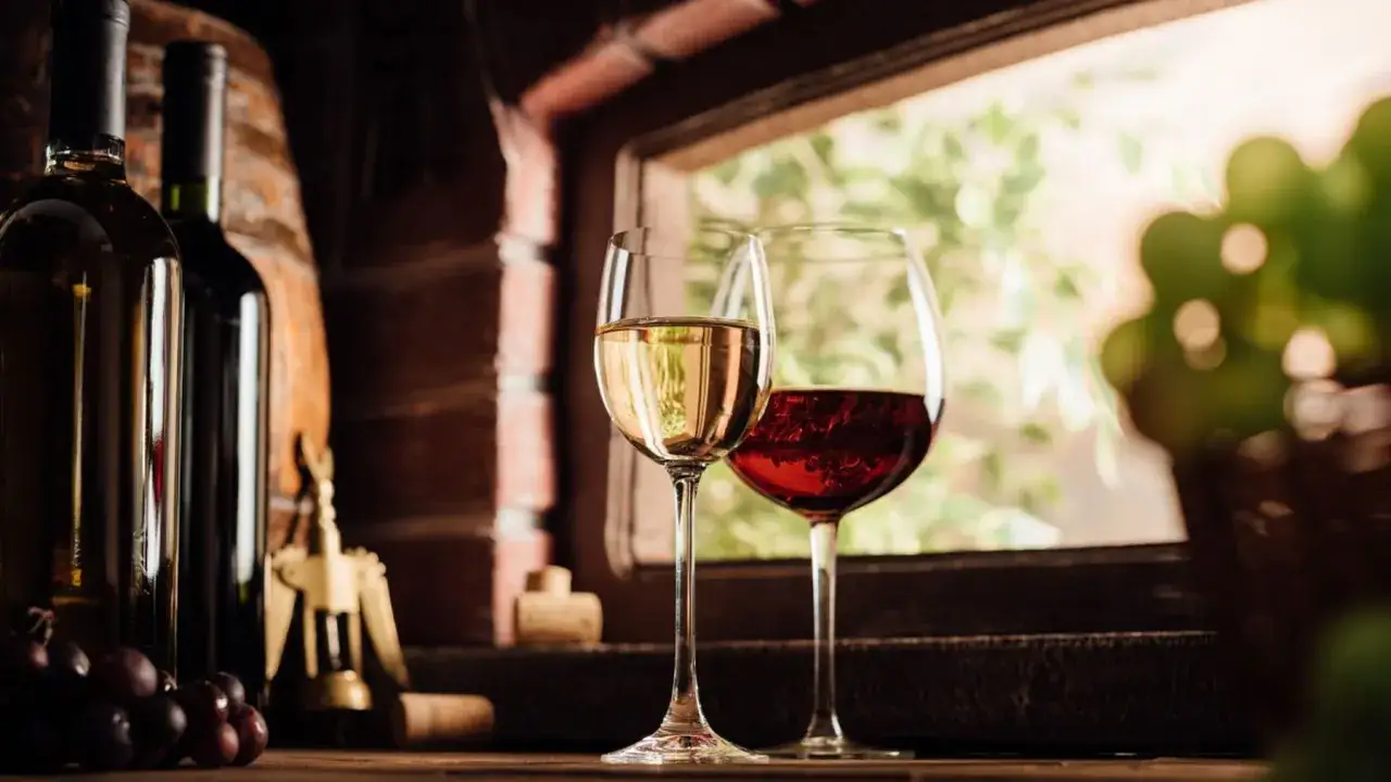 Dos copas de vino, una blanca y otra tinta, junto a botellas y uvas. Un recuerdo de una visita a bodegas.