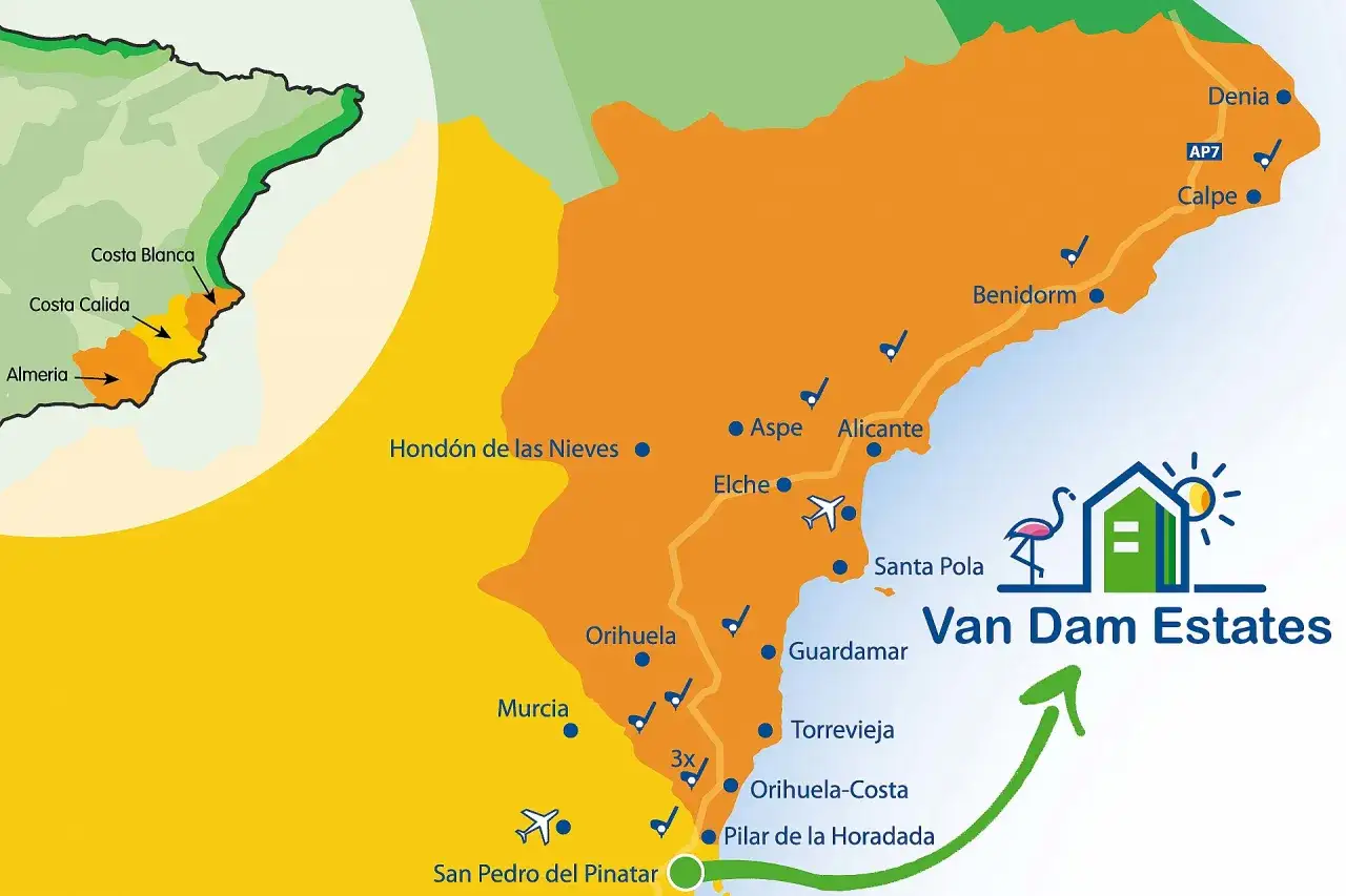 Mapa de la costa mediterránea española, mostrando la ubicación de Denia y otras ciudades como Alicante, Benidorm y Murcia.