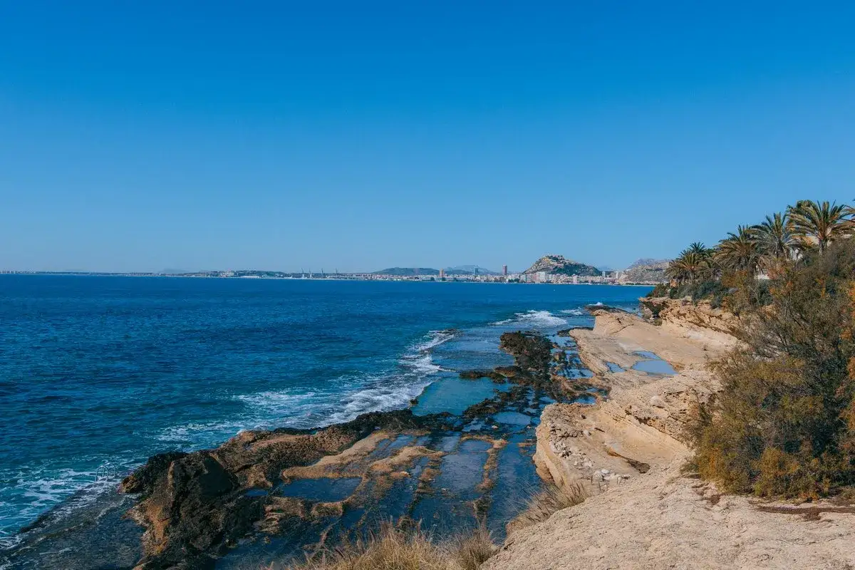 Costa rocosa y mar azul en la cala Cantalar, Alicante. Palmeras y la ciudad al fondo bajo un cielo despejado.