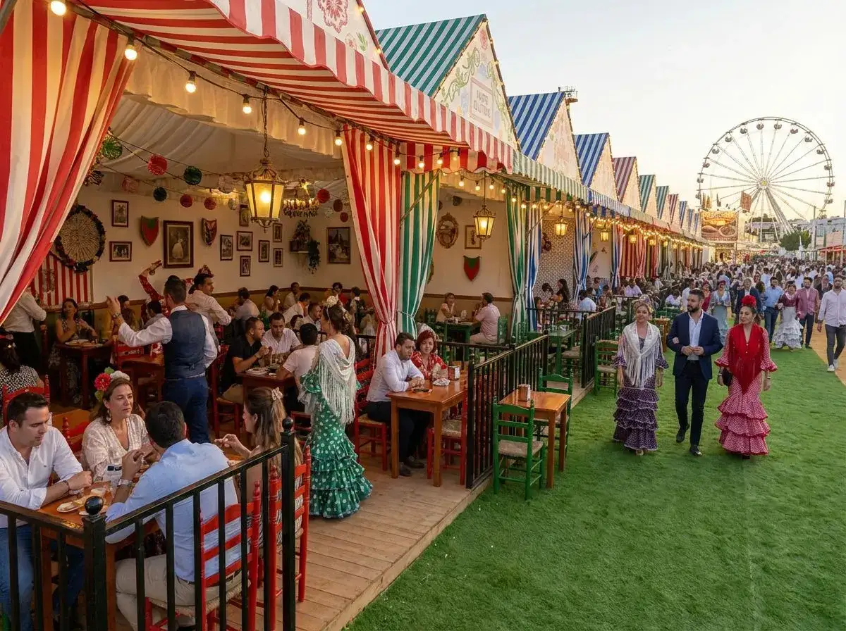 Gente disfrutando en casetas de la feria de Sevilla en Madrid, con farolillos, trajes de flamenca y una noria al fondo.