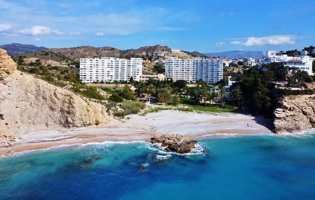 La caleta Villajoyosa, con sus aguas turquesas y edificios blancos, se extiende bajo un cielo azul. Palmeras y rocas bordean la playa.