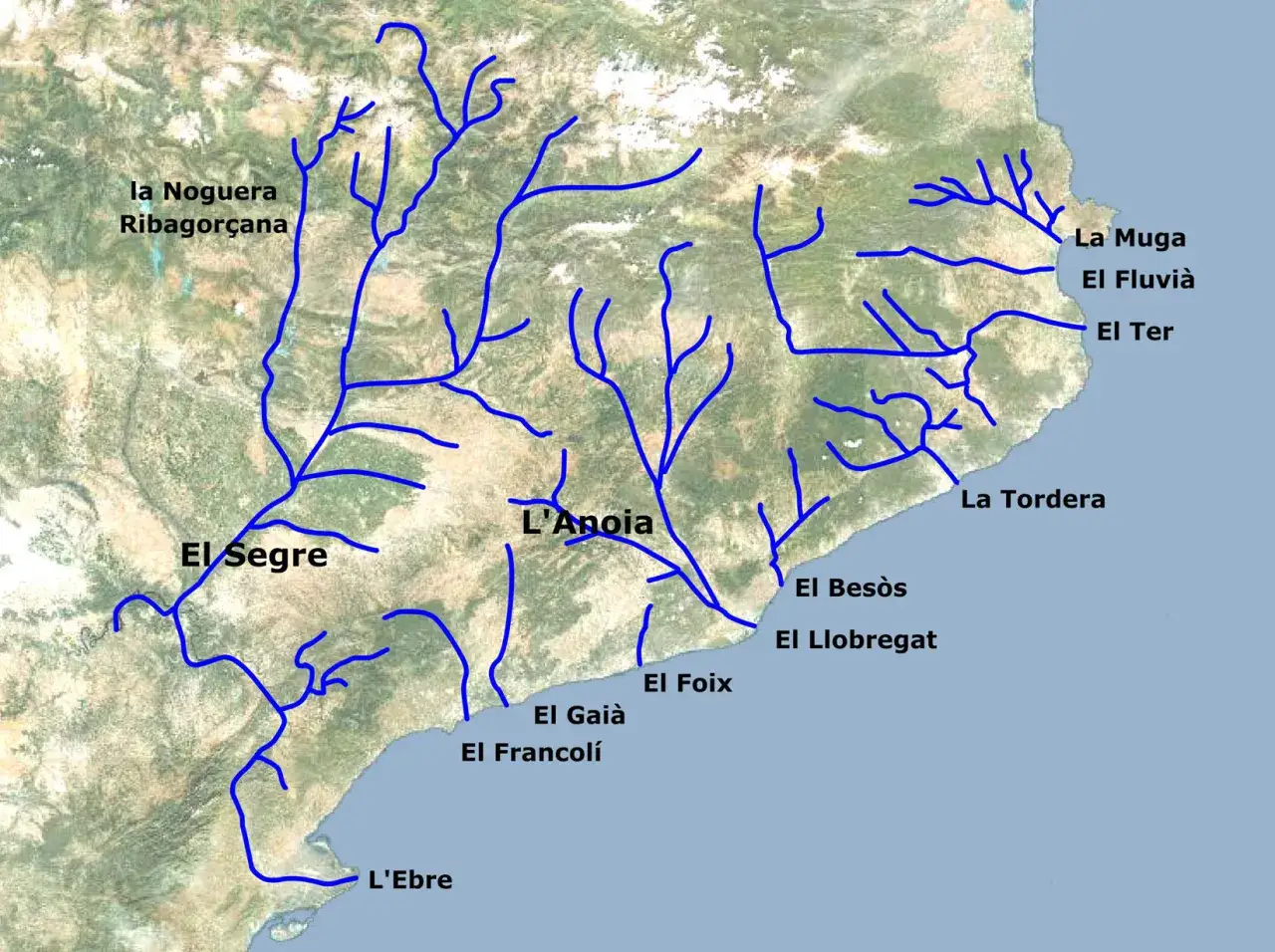 Mapa de los ríos en Tarragona y Cataluña, mostrando el Ebro, Segre, Francolí y otros afluentes que desembocan en el mar Mediterráneo.