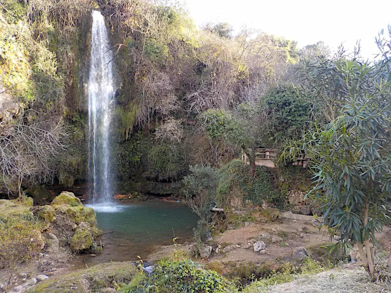 Los chorradores de Navarres, una cascada cae en una poza de agua turquesa rodeada de vegetación y rocas.