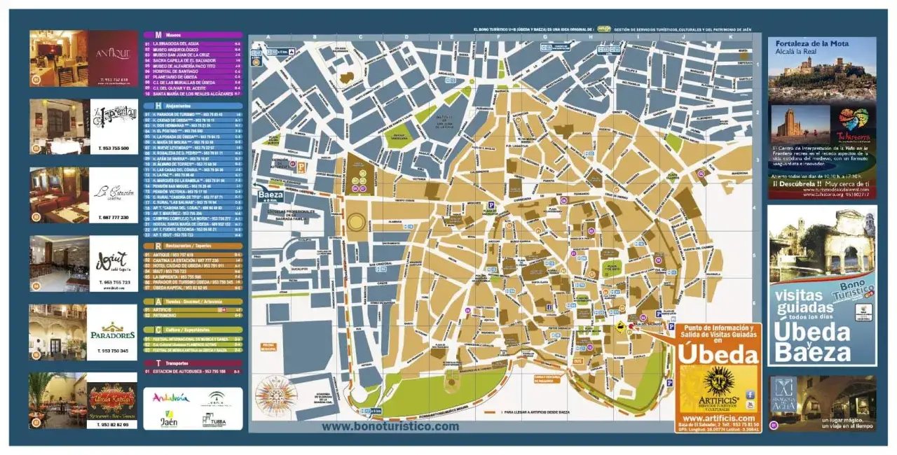 Mapa tur&iacute;stico de &Uacute;beda y Baeza, con puntos de inter&eacute;s, alojamientos, restaurantes y transporte. &iexcl;Descubre qu&eacute; ver!